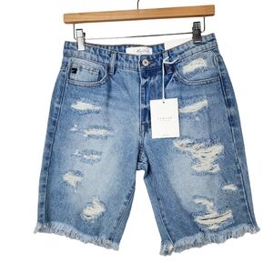 KanCan NWT Frayed Hem Bermuda Denim Blue Jean Distressed Shorts Women's Size XS